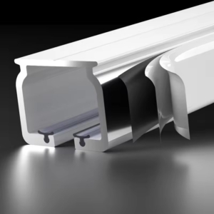 Detailed cross-section of bendable aluminum curtain track rail showing multi-channel design and internal glider groove structure