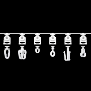 Six different styles of ripple fold curtain glider hooks showing various hook designs for different curtain attachment methods