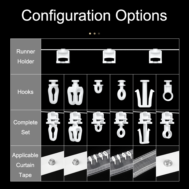 Complete curtain runner system configuration options showing runner holders, 6 hook styles, assembled sets, and applicable curtain tape types