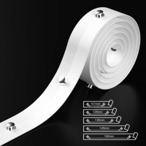 White curtain tape roll showing available sizes from 107mm to 160mm with metal eyelets