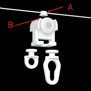 S-fold curtain runner accessory components with labeled parts A and B, and separate glider units