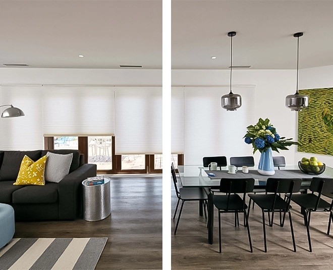 Modern honeycomb cellular shades in open concept living and dining room