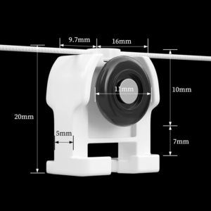 Plastic curtain runner dimensions showing 9.7mm, 16mm, 20mm height and 11mm roller size specifications