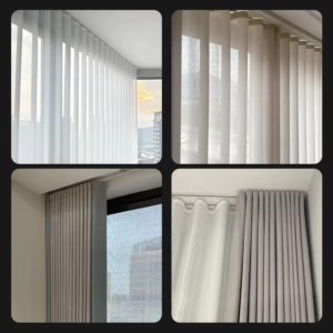 Four room interior examples showing plastic curtain track runners in residential windows with various curtain styles