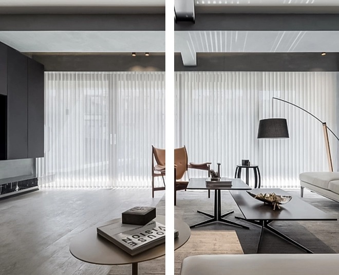 Sheer vertical blinds for contemporary minimalist living room window treatment