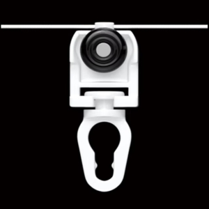 Two-tone curtain track glider with white body and black rubber wheel for noise reduction and smooth movement