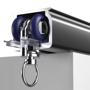 Heavy duty curtain runner with dual wheel mechanism and metal ring for smooth operation