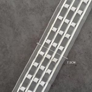 Multiple strips of 7.5cm transparent wave curtain heading tape in gray and white arranged diagonally