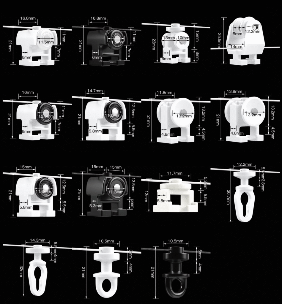 Buy curtain runners from China - complete dimension specifications for plastic and aluminum curtain track gliders with ball bearings - wholesale catalog